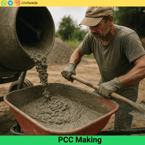 A construction worker mixing concrete using a shovel and wheelbarrow at a construction site.