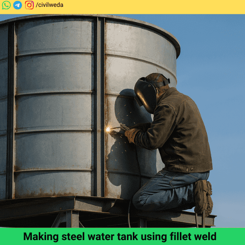 Welder making a steel water tank using fillet weld- Civil Weda.
