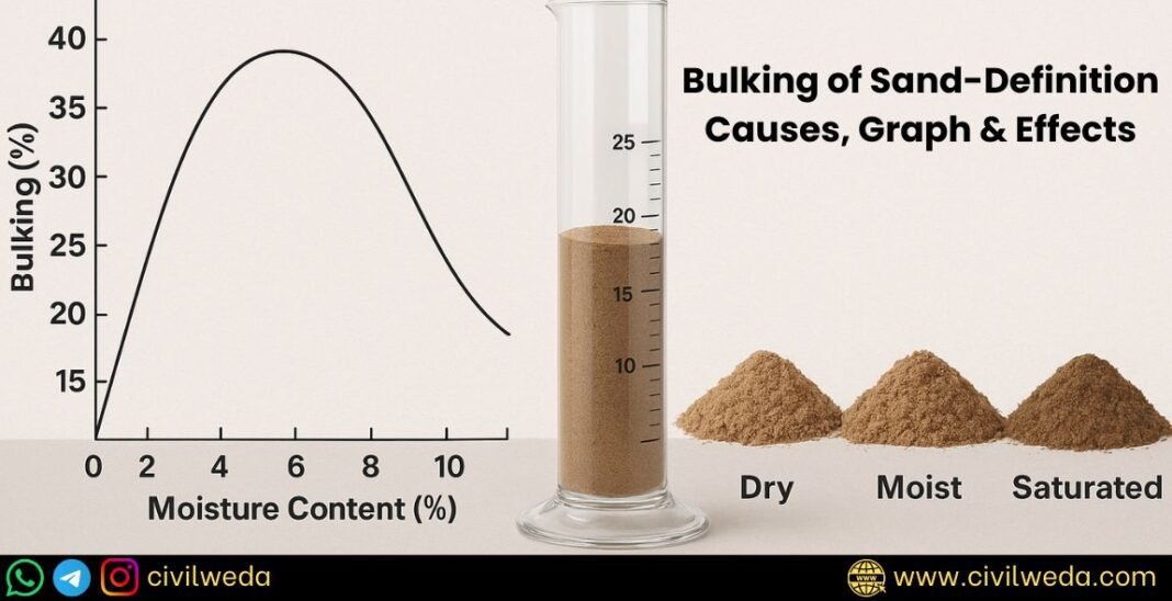 Bulking of sand graph showing moisture content vs bulking percentage with cylinder test and comparison of dry, moist and saturated sand – Civilweda