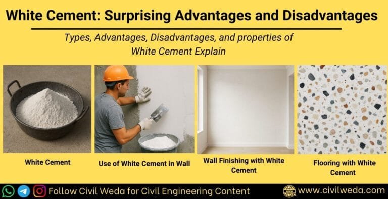 White cement with its uses shown in wall finishing, flooring, and construction applications.