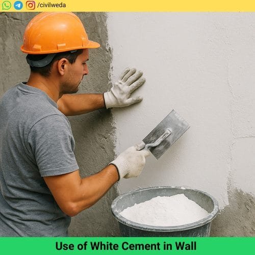 Construction worker applying white cement plaster on a wall.