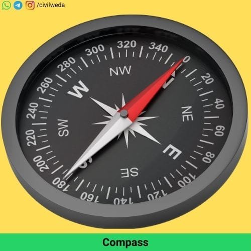 Compass used in compass survey showing magnetic needle and direction markings
