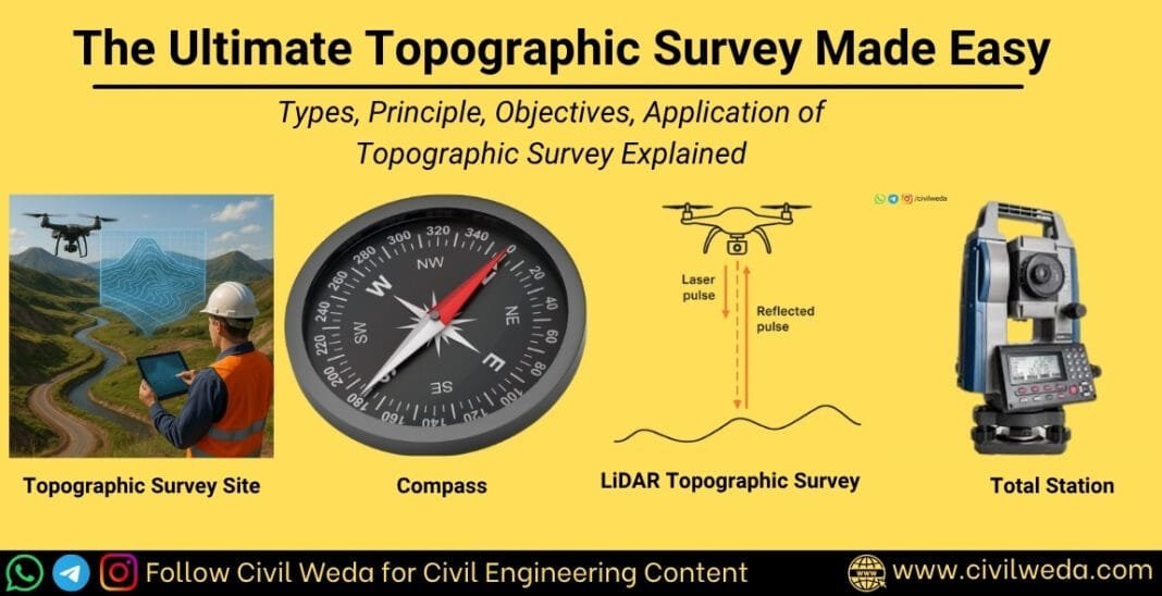 Feature image showing topographic survey site with drone, compass, LiDAR process and total station instruments