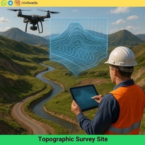 Civil engineer surveying terrain with drone and digital contour map in a realistic topographic survey scene