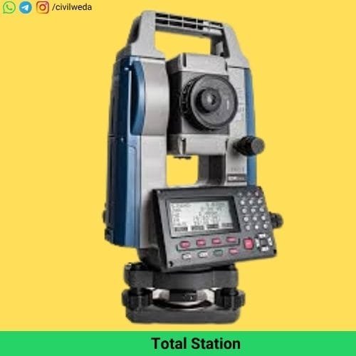 Total Station instrument used in Topographic Survey for measuring angles, distances, and coordinates