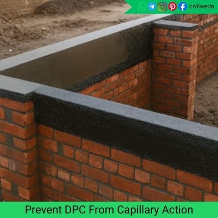 Brick wall foundation showing application of damp proof course (DPC) to prevent moisture rise due to capillary action.