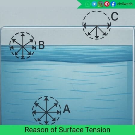 Illustration showing molecules at different levels in a liquid (A, B, C) explaining the molecular reason for surface tension.