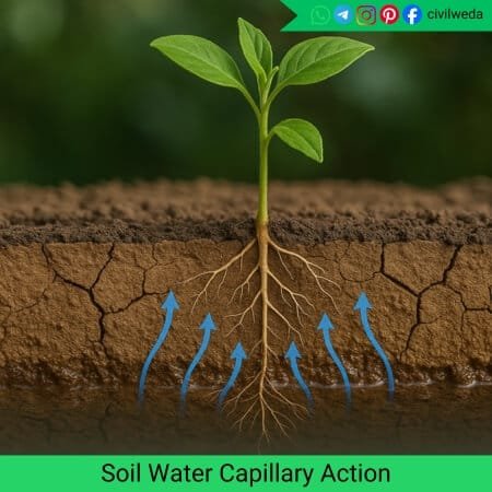 Cross-sectional image showing water rising through soil pores by capillary action and absorbed by plant roots.