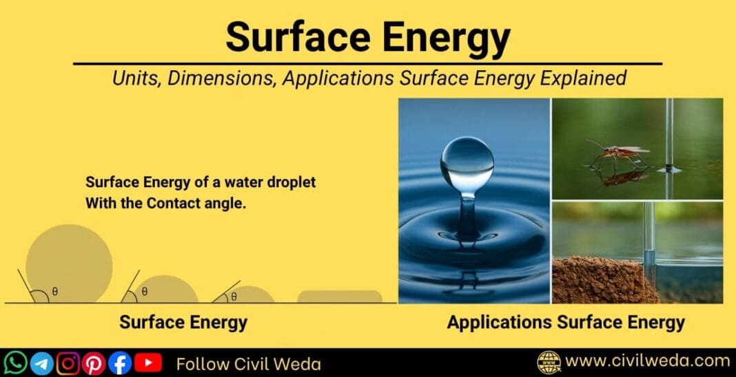 Surface energy of a water droplet showing contact angle, examples of surface tension in civil engineering such as capillary rise, waterproofing, and insect walking on water — Civil Weda.