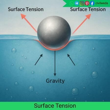 Scientific diagram showing a sphere floating on water where surface tension balances the downward gravity force.