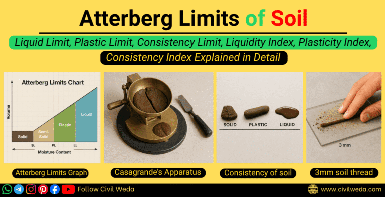Educational collage showing Atterberg Limits chart, Casagrande’s apparatus, soil consistency, and 3 mm soil thread test for Civil Weda blog.