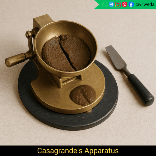 Casagrande’s apparatus showing brass cup, grooving tool, and soil sample used for determining Liquid Limit of soil.