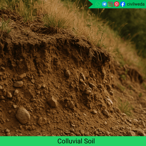 Colluvial soil deposit at the base of a slope with coarse particles and stones accumulated by gravity.