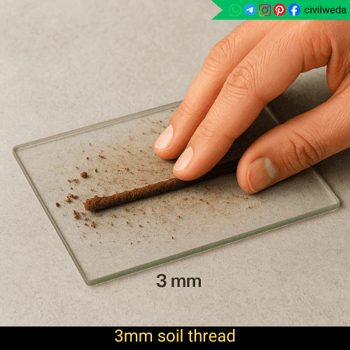 Plastic Limit test showing soil thread being rolled on a glass plate at 3 mm diameter to determine plasticity of soil.
