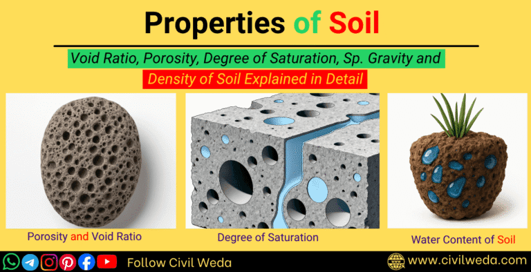 Educational banner showing properties of soil including water content, porosity, void ratio, degree of saturation, and density for civil engineering students.
