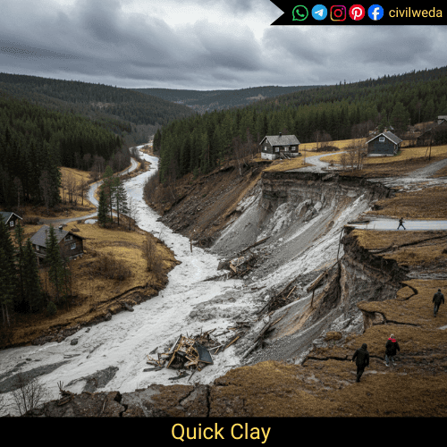 Quick clay landslide showing soil failure due to high sensitivity in clay soil