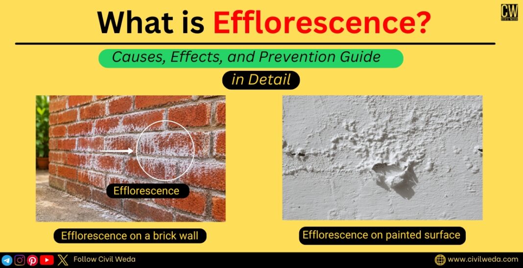 What is efflorescence in construction? White salt deposits on brick and painted walls caused by moisture and soluble salts.